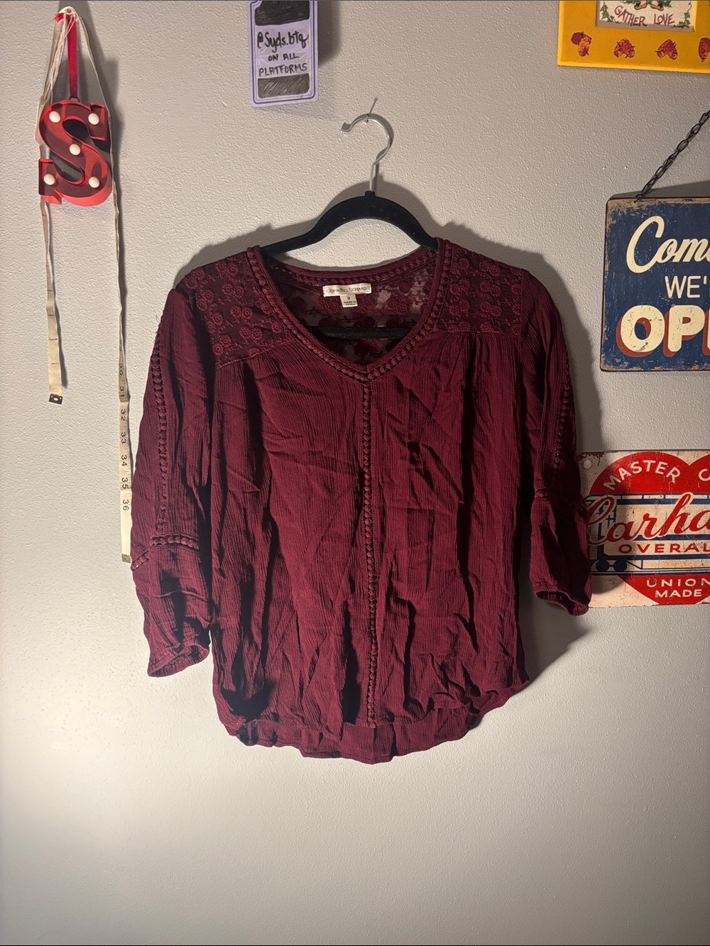 JohnPaulRichard Burgundy Lace-Trim V-Neck Blouse